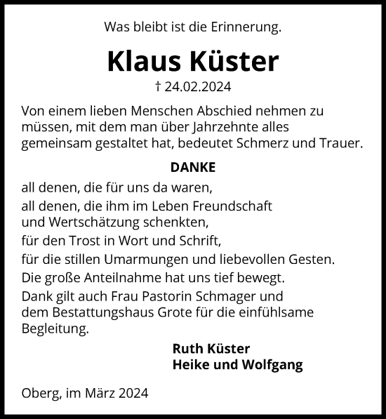 Traueranzeige von Klaus Küster von Peiner Allgemeine Zeitung
