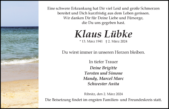 Traueranzeige von Klaus Lübke von Ostsee-Zeitung GmbH