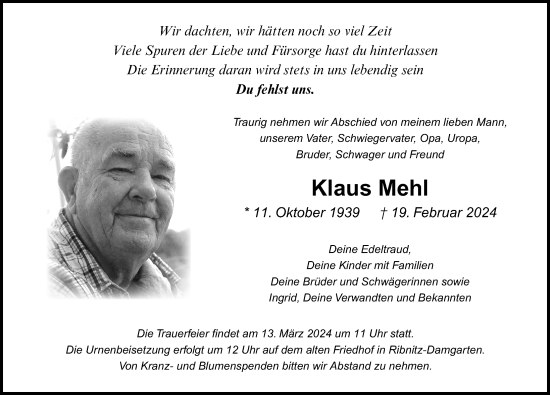 Traueranzeige von Klaus Mehl von Ostsee-Zeitung GmbH