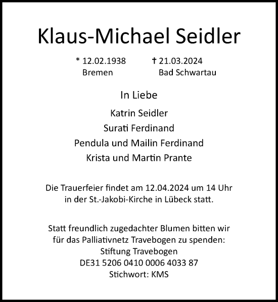 Traueranzeige von Klaus-Michael Seidler von Lübecker Nachrichten