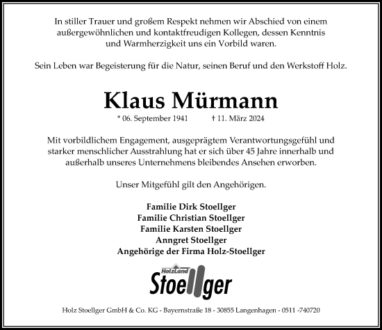Traueranzeige von Klaus Mürmann von Hannoversche Allgemeine Zeitung/Neue Presse