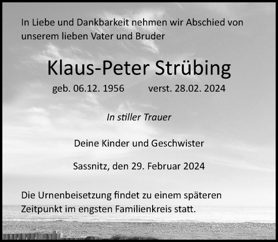 Traueranzeige von Klaus-Peter Strübing von Ostsee-Zeitung GmbH