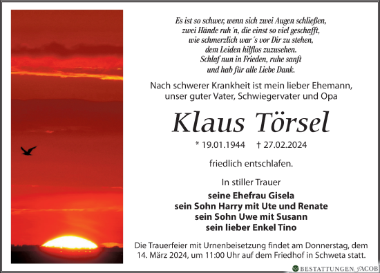 Traueranzeige von Klaus Törsel von Leipziger Volkszeitung