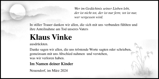 Traueranzeige von Klaus Vinke von Ostsee-Zeitung GmbH