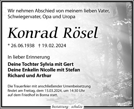 Traueranzeige von Konrad Rösel von Leipziger Volkszeitung