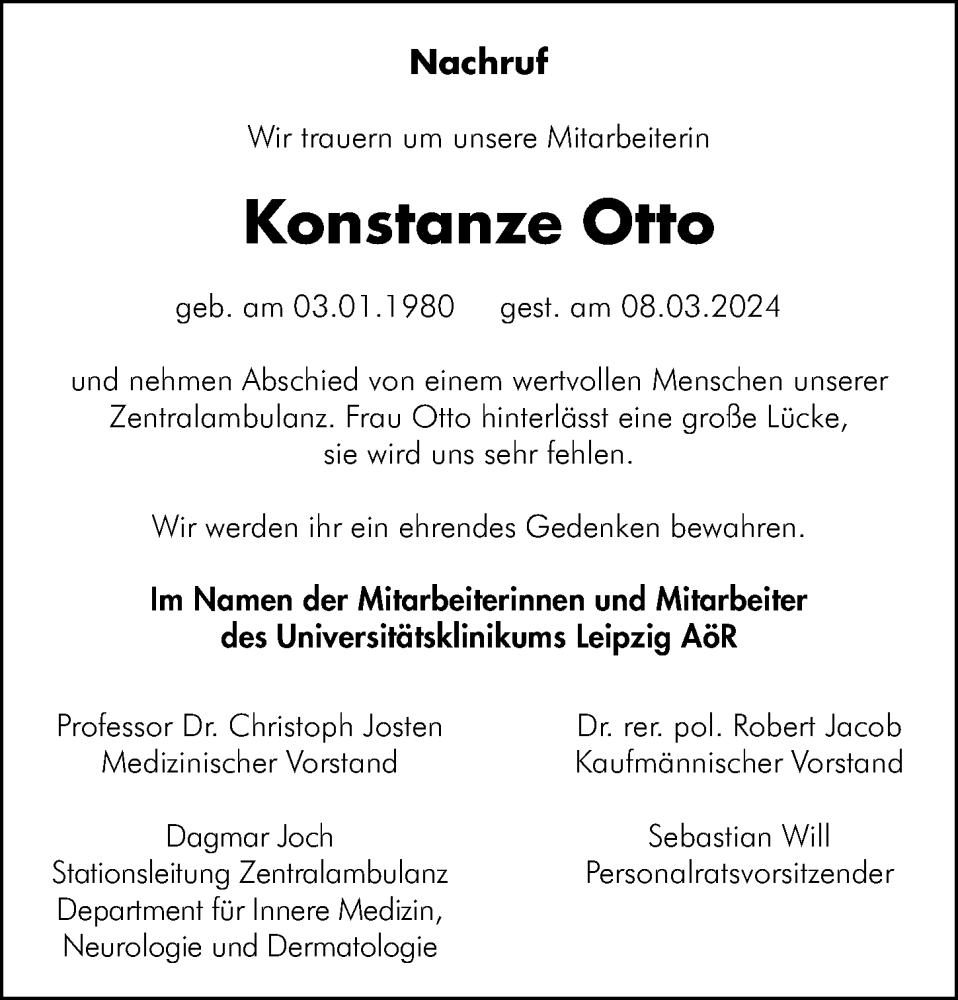  Traueranzeige für Konstanze Otto vom 30.03.2024 aus Leipziger Volkszeitung