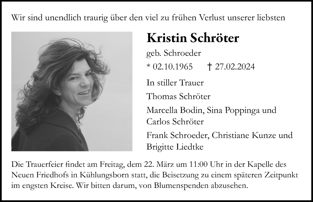 Traueranzeige für Kristin Schröter vom 16.03.2024 aus Ostsee-Zeitung GmbH