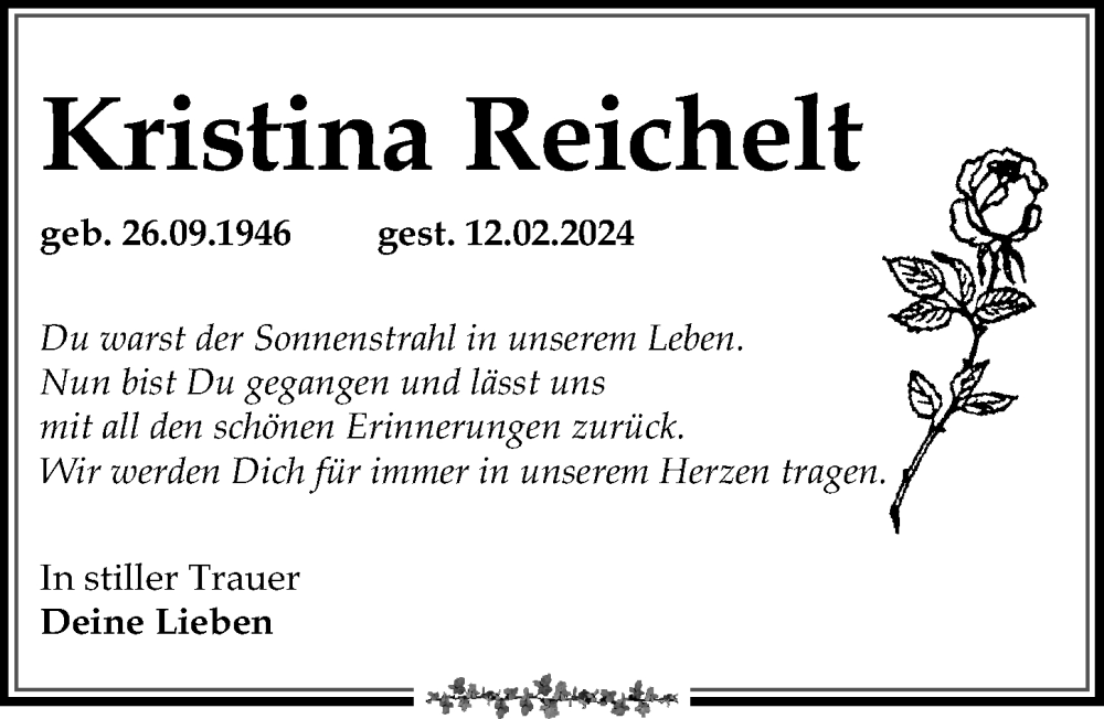  Traueranzeige für Kristina Reichelt vom 09.03.2024 aus Leipziger Volkszeitung