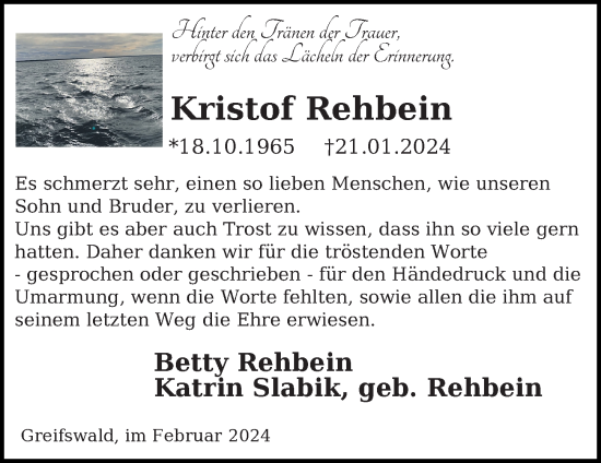 Traueranzeige von Kristof Rehbein von Ostsee-Zeitung GmbH