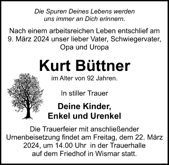 Traueranzeige von Kurt Büttner von Ostsee-Zeitung GmbH