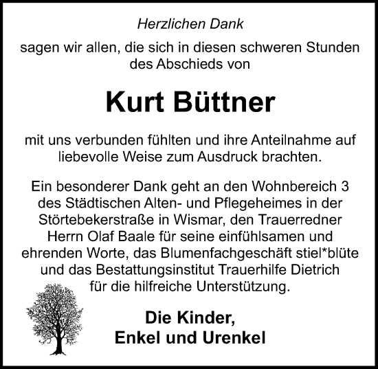 Traueranzeige von Kurt Büttner von Ostsee-Zeitung GmbH