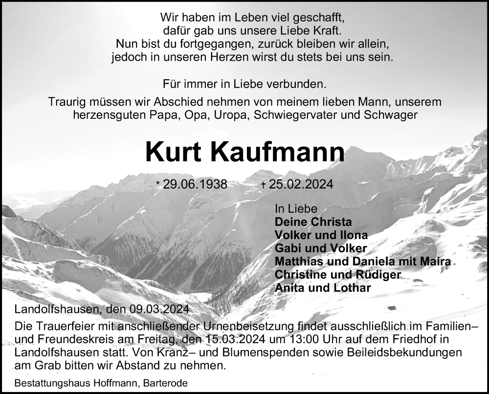  Traueranzeige für Kurt Kaufmann vom 09.03.2024 aus Göttinger Tageblatt