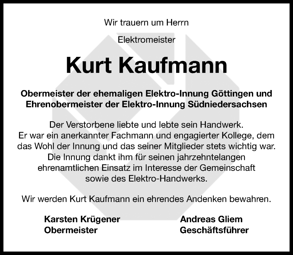  Traueranzeige für Kurt Kaufmann vom 09.03.2024 aus Göttinger Tageblatt