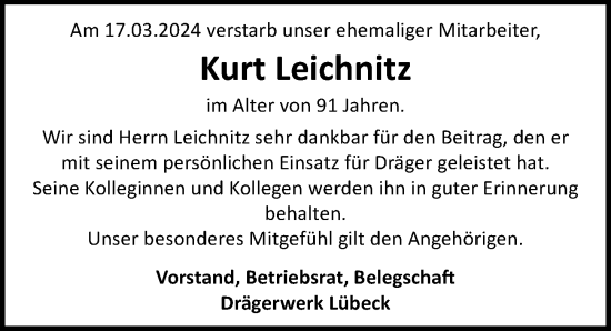 Traueranzeige von Kurt Leichnitz von Lübecker Nachrichten