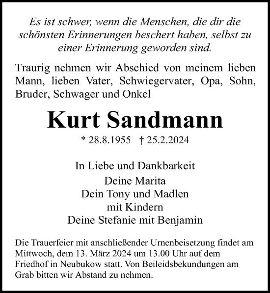 Traueranzeige von Kurt Sandmann von Ostsee-Zeitung GmbH