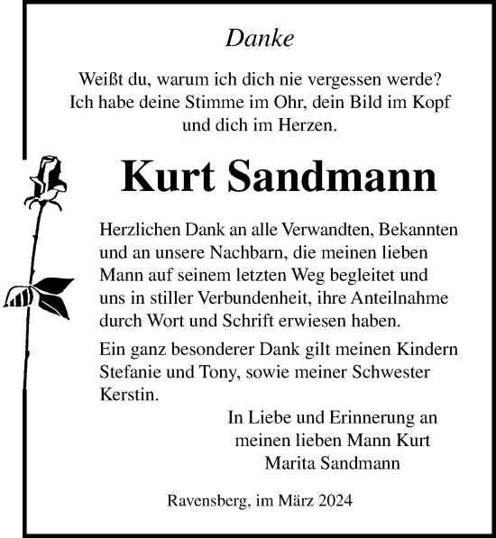 Traueranzeige von Kurt Sandmann von Ostsee-Zeitung GmbH
