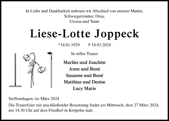 Traueranzeige von Liese-Lotte Joppeck von Ostsee-Zeitung GmbH