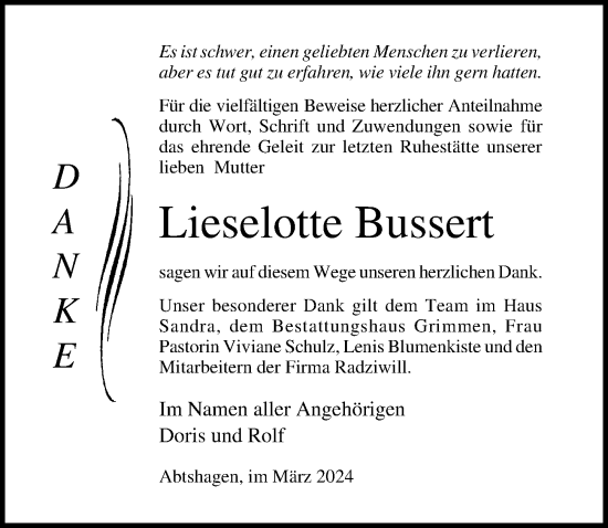 Traueranzeige von Lieselotte Bussert von Ostsee-Zeitung GmbH