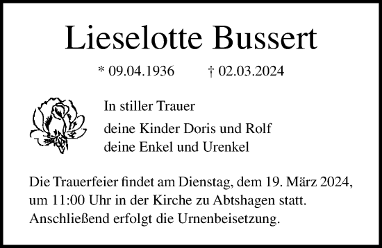 Traueranzeige von Lieselotte Bussert von Ostsee-Zeitung GmbH