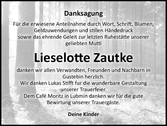 Traueranzeige von Lieselotte Zautke von Ostsee-Zeitung GmbH