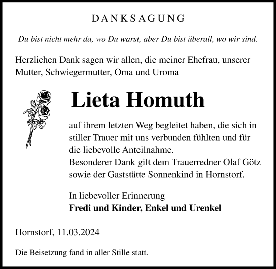 Traueranzeige von Lieta Homuth von Ostsee-Zeitung GmbH