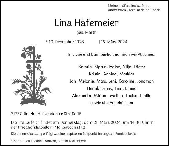 Traueranzeige von Lina Häfemeier von Schaumburger Nachrichten und Schaumburger Zeitung/ Landes-Zeitung