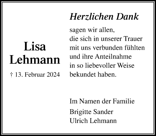 Traueranzeige von Lisa Lehmann von Lübecker Nachrichten