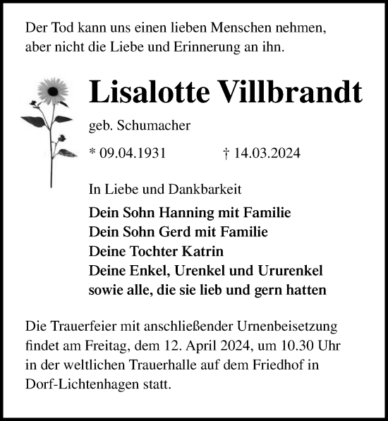 Traueranzeige von Lisalotte Villbrandt von Ostsee-Zeitung GmbH