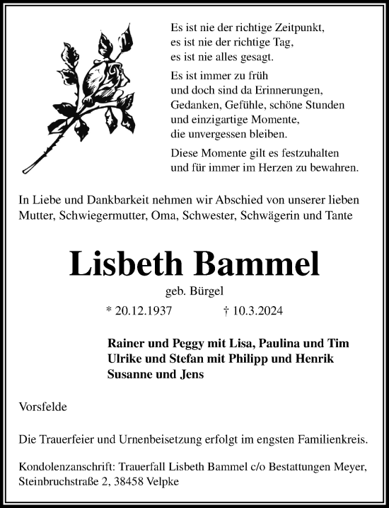 Traueranzeige von Lisbeth Bammel von Aller Zeitung