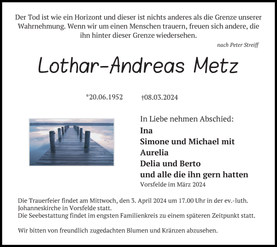 Traueranzeige von Lothar-Andreas Metz von Aller Zeitung