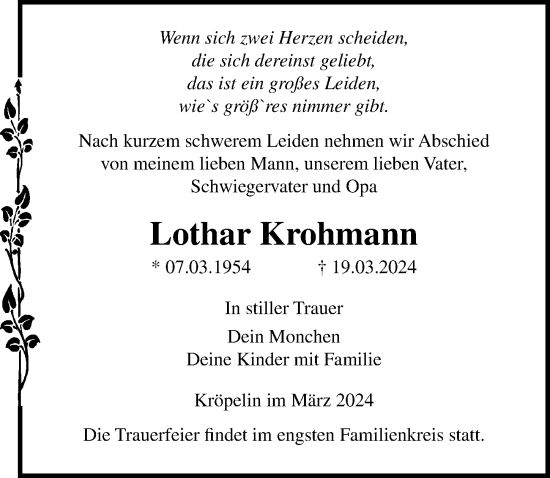 Traueranzeige von Lothar Krohmann von Ostsee-Zeitung GmbH