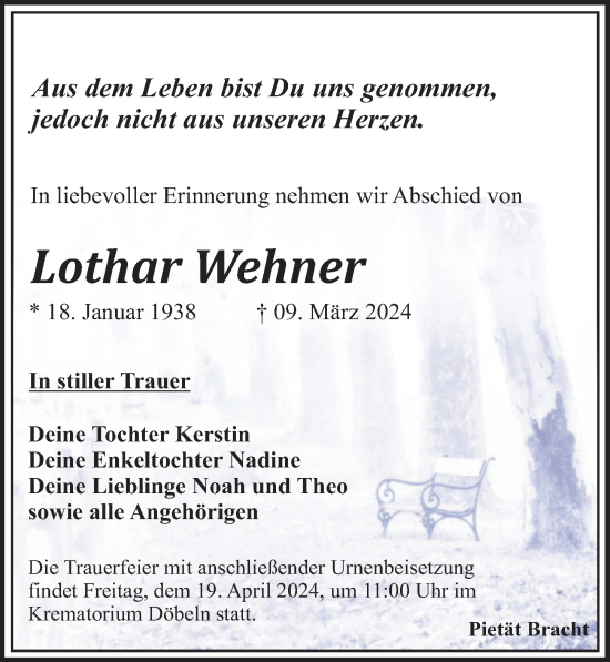 Traueranzeige von Lothar Wehner von Leipziger Volkszeitung