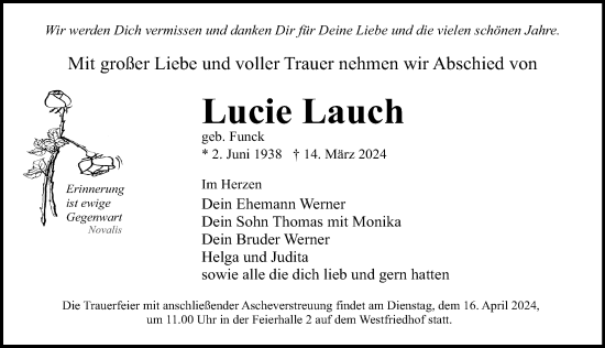 Traueranzeige von Lucie Lauch von Ostsee-Zeitung GmbH