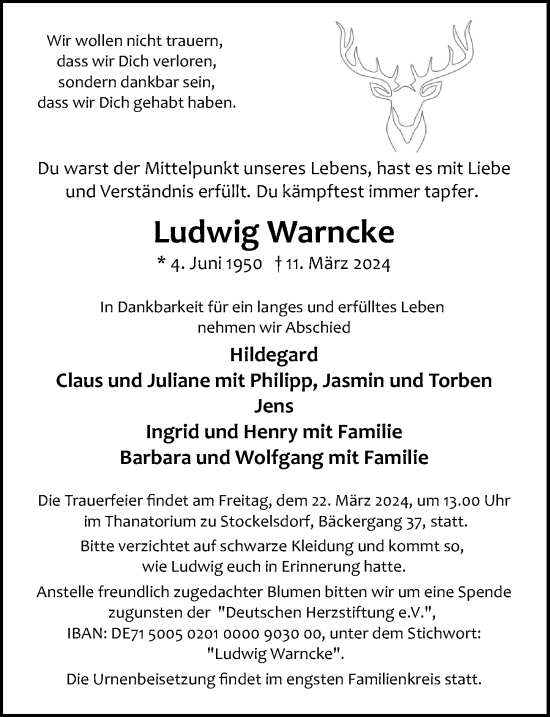 Traueranzeige von Ludwig Warncke von Lübecker Nachrichten