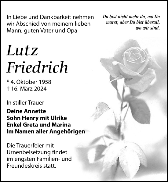 Traueranzeige von Lutz Friedrich von Leipziger Volkszeitung