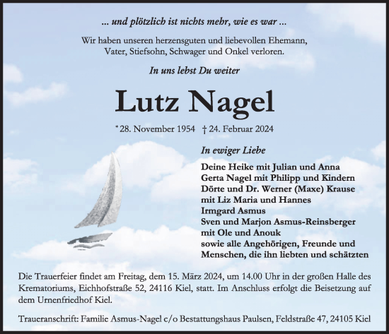 Traueranzeige von Lutz Nagel von Kieler Nachrichten