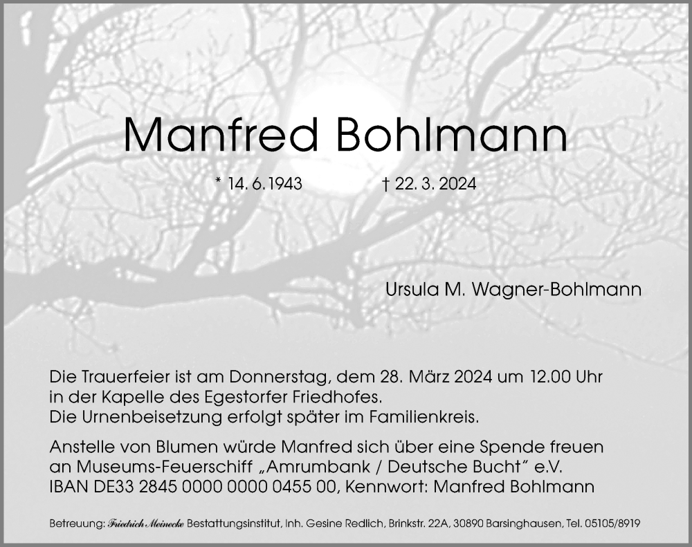  Traueranzeige für Manfred Bohlmann vom 26.03.2024 aus Hannoversche Allgemeine Zeitung/Neue Presse