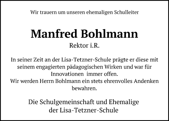 Traueranzeige von Manfred Bohlmann von Hannoversche Allgemeine Zeitung/Neue Presse
