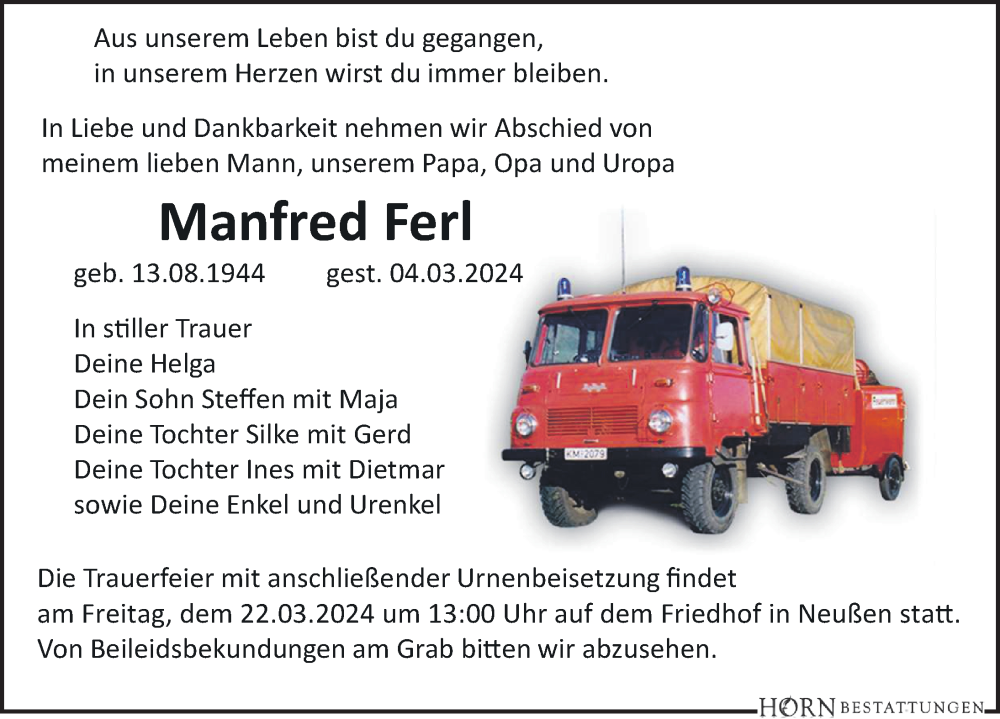  Traueranzeige für Manfred Ferl vom 16.03.2024 aus Torgauer Zeitung