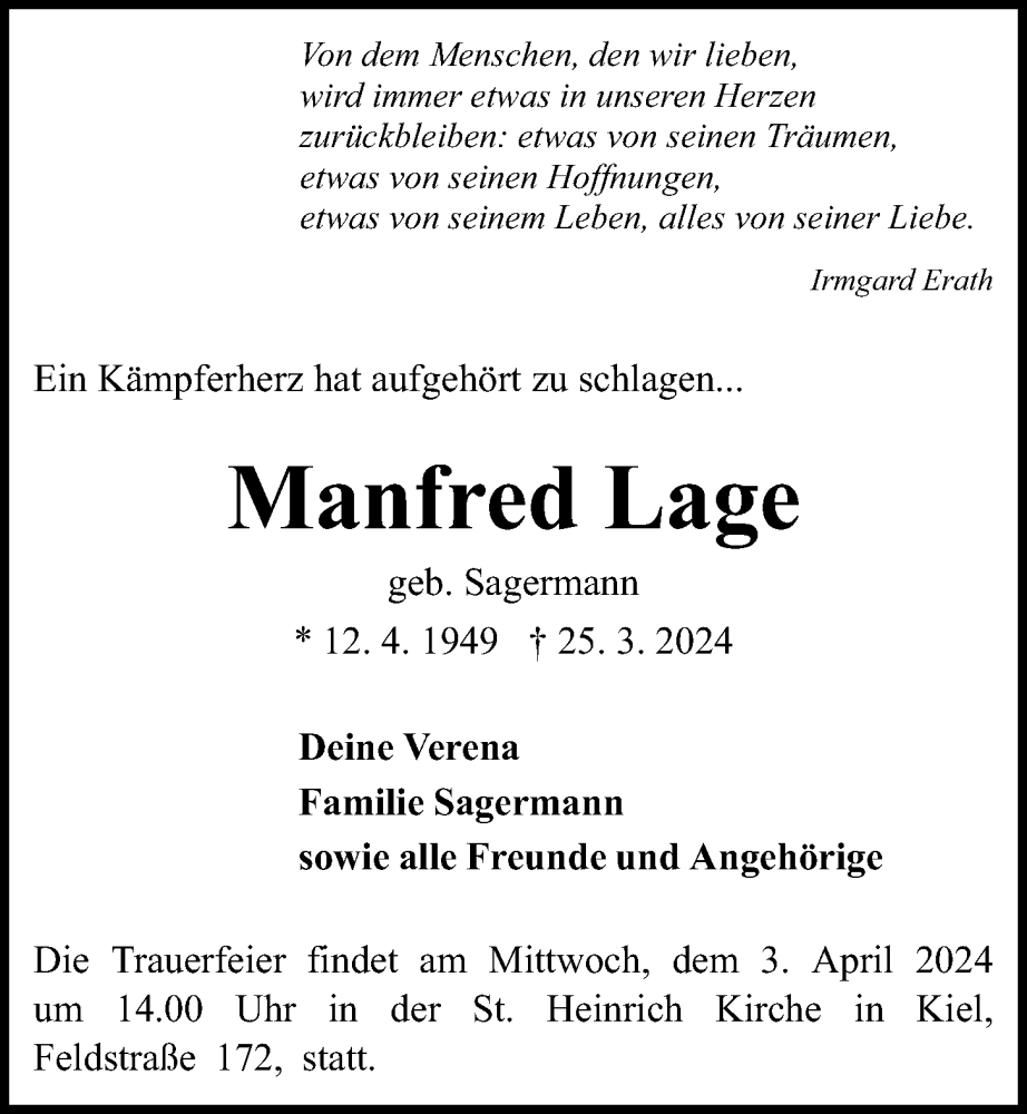  Traueranzeige für Manfred Lage vom 30.03.2024 aus Kieler Nachrichten