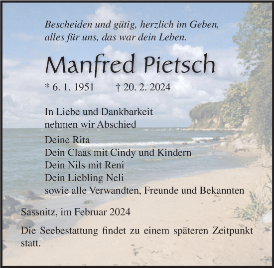 Traueranzeige von Manfred Pietsch von Ostsee-Zeitung GmbH