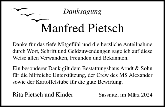 Traueranzeige von Manfred Pietsch von Ostsee-Zeitung GmbH