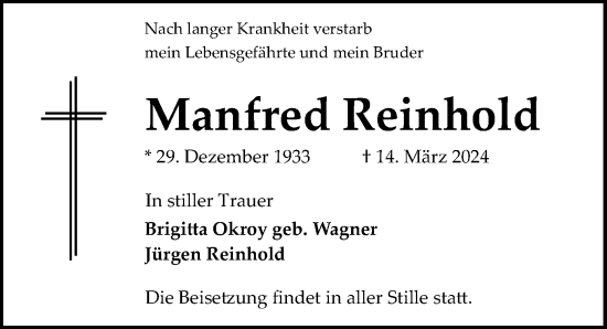 Traueranzeige von Manfred Reinhold von Hannoversche Allgemeine Zeitung/Neue Presse