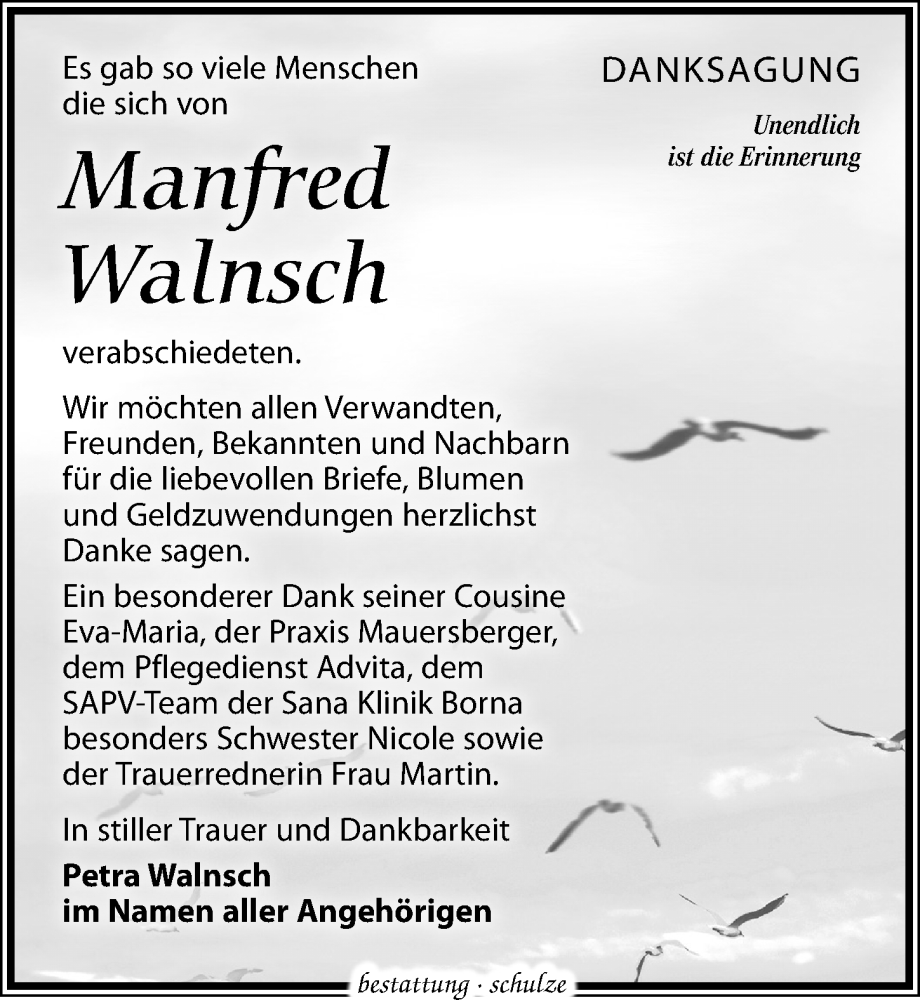  Traueranzeige für Manfred Walnsch vom 23.03.2024 aus Leipziger Volkszeitung