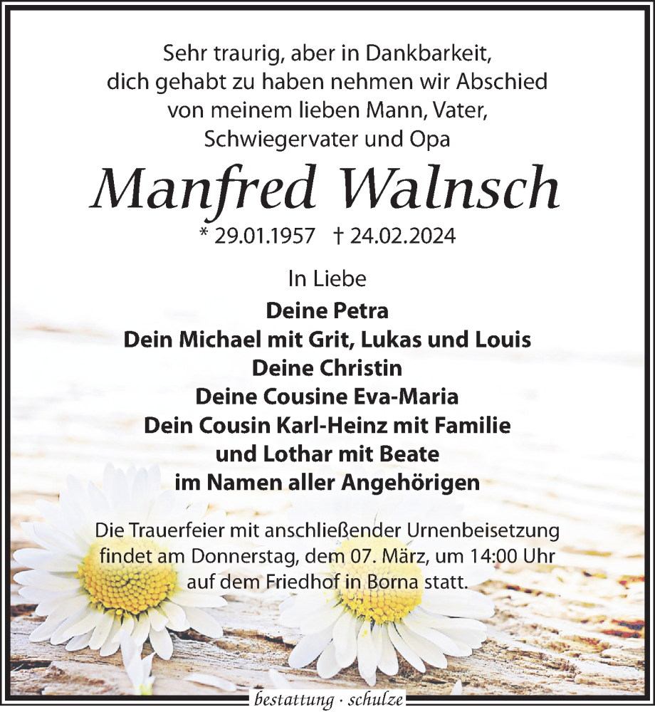  Traueranzeige für Manfred Walnsch vom 02.03.2024 aus Leipziger Volkszeitung