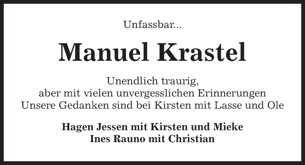  Traueranzeige für Manuel Krastel vom 09.03.2024 aus Kieler Nachrichten