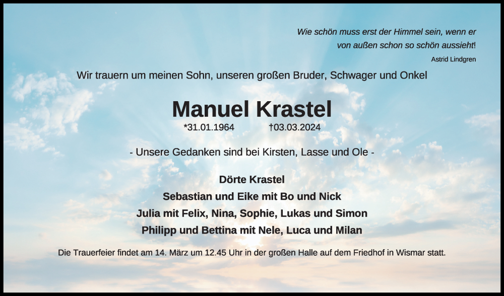  Traueranzeige für Manuel Krastel vom 09.03.2024 aus Kieler Nachrichten