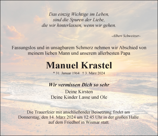 Traueranzeige von Manuel Krastel von Ostsee-Zeitung GmbH