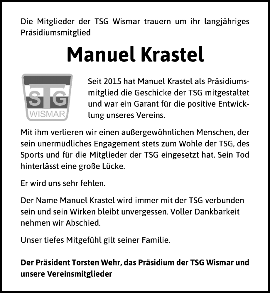  Traueranzeige für Manuel Krastel vom 09.03.2024 aus Ostsee-Zeitung GmbH