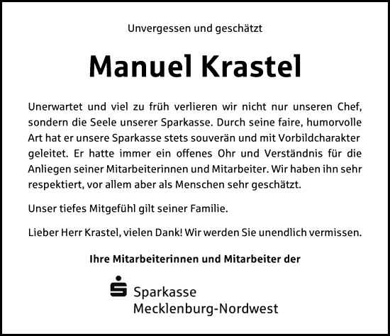 Traueranzeige von Manuel Krastel von Ostsee-Zeitung GmbH